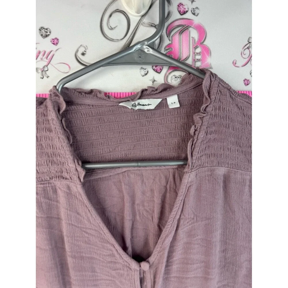Reitmans long sleeve smocked flowy purple pink Mauve Button-Front Gauze Blouse - Picture 6 of 10